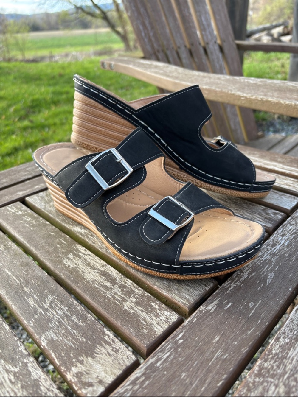 Black Buckle Wedge Sandals - Comfortable Women's Slip-On